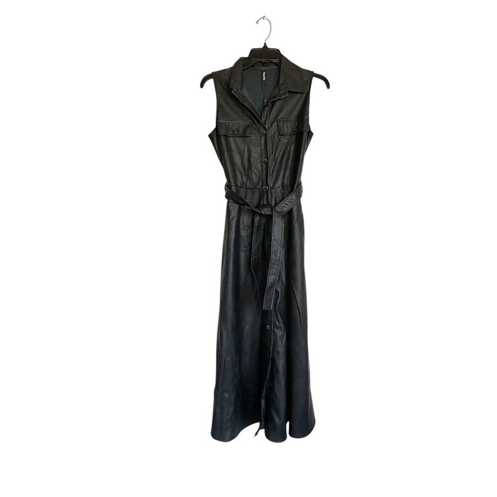 Venti6 Faux Leather Sleeveless Button Belted Midi Dress in Black - Sz S- NWT